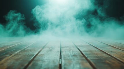 Fototapeta premium A hauntingly beautiful scene reveals wooden planks shrouded in mysterious fog, evoking a sense of intrigue and ambiance in an ethereal light setting.