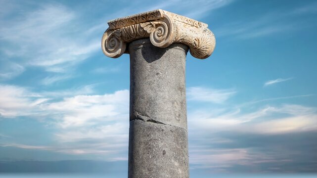 Ancient Ionic column with an ornately carved marble capital featuring twin volutes at Patara archaeological site in Turkey