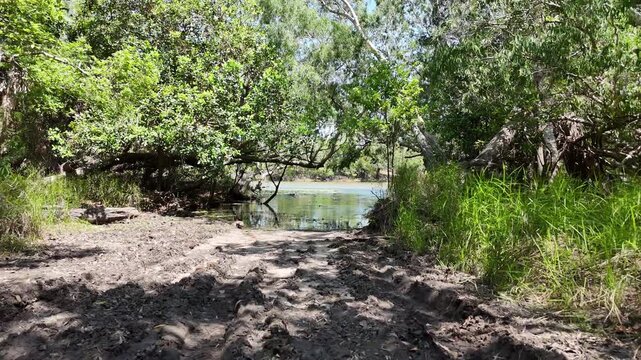 Aerial drone view of former final water crossing at Jardine River on Old Telegraph Track, Cape York, Queensland, Australia. Remote 4WD route, rugged outback landscape, adventure travel.