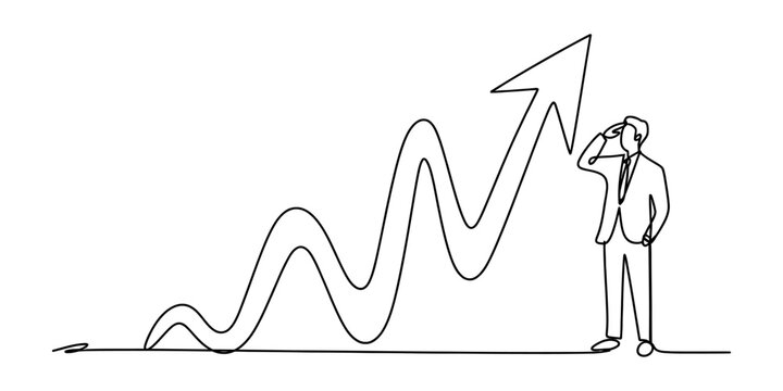 Man in suit looking at rising stock market graph with upward arrow, one line drawing Vector, illustration