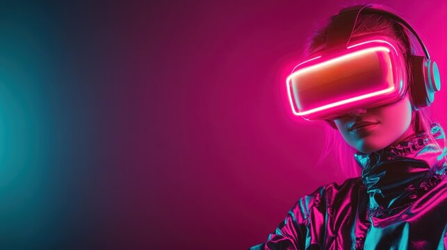 This striking image of a young woman wearing a neon VR headset highlights the intersection of technology and creativity, showcasing a futuristic experience filled with vibrant colors.