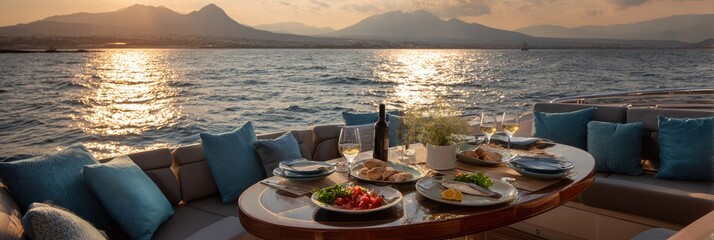 Obraz premium Romantic sunset dinner on a yacht with a table set for two overlooking the ocean and mountains.