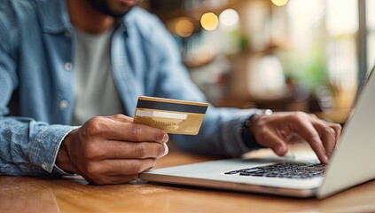 Fototapeta premium Man Using Credit Card for Online Shopping on Laptop.