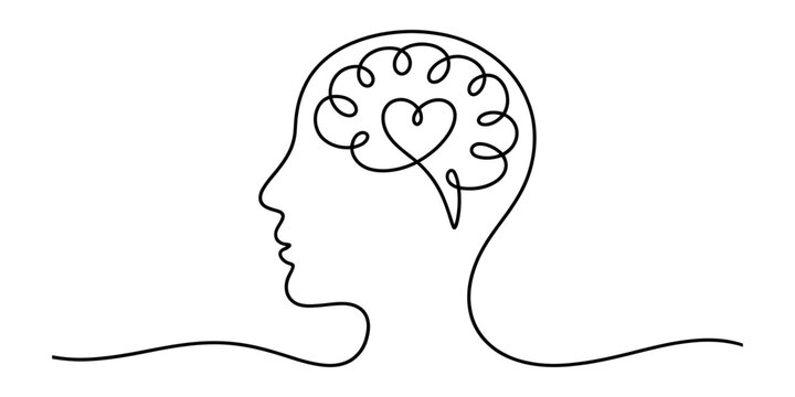 Continuous line drawing of a human head profile with a heart shape inside the brain, representing love and thought Vector, illustration