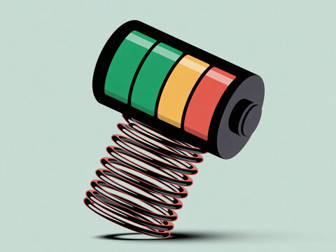 A colorful battery icon with a spring coming out of it on a plain background