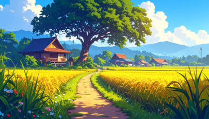 Naklejka premium Traditional wooden house under tree by rice fields. Bright village road with crops and blue mountains. Rustic Asian countryside for farming travel artwork