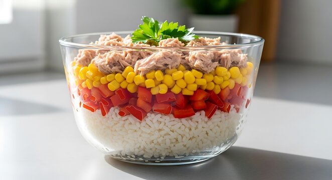 Layered vegetable salad with tuna served in a glass bowl. salade de riz