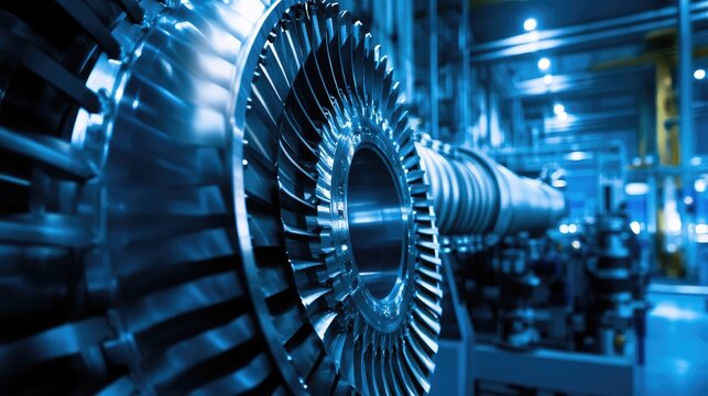 Industrial turbine engine rotor mechanism showcasing complex metallic blades, representing advanced technology, engineering, and manufacturing in a modern power generation facility