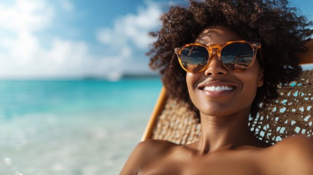 In this bright and sunny image, a smiling woman relaxes on a beach chair, embodying joy and contentment as she enjoys the serene beauty of the tropical landscape before her.