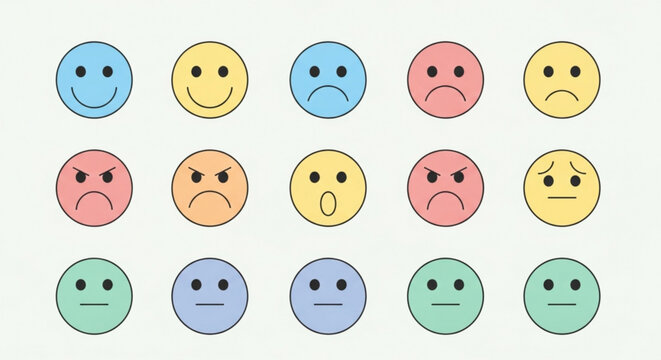 Collection of diverse colorful emoticon faces expressing various emotions on neutral background