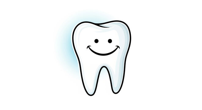 Smiling cartoon tooth with happy face and blue glow on white background dental health concept
