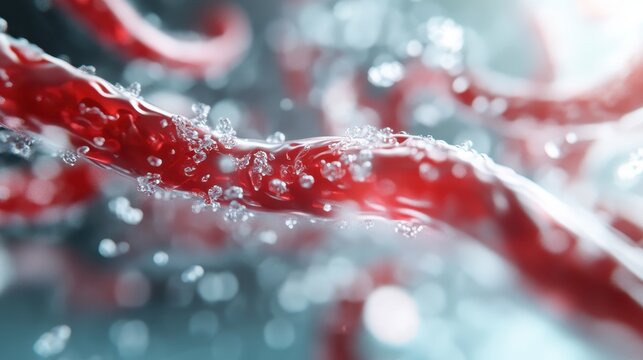 An intricate abstract representation of red blood vessels flowing with bubbles, illustrating the vitality and complexity of the circulatory system in a vibrant manner.