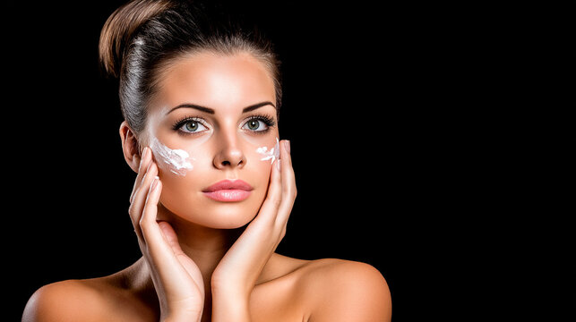 A beautiful woman applying facial cream on a black background