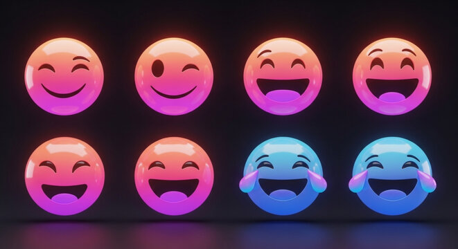 Vibrant neon emojis display various happy and laughing expressions on dark background