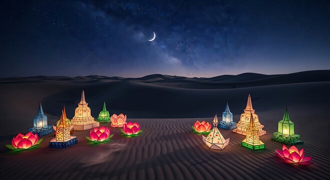 Luminous Traditional Lanterns and Stupas on Sand Dunes Under a Starry Milky Way Night Sky