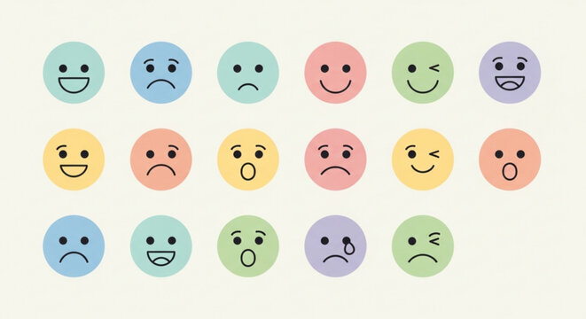Collection of various colorful emoticon faces expressing different emotions on neutral background