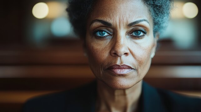 A striking portrait of an empowered woman with gray hair, exuding confidence and wisdom, showcasing the beauty and strength of aging in a fascinating and arresting way.