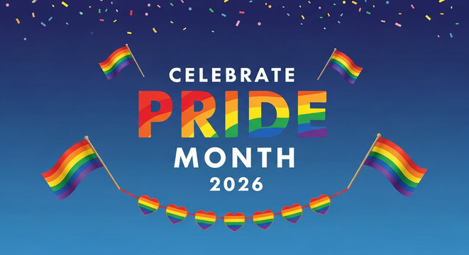 Vibrant rainbow flags and heart garland celebrate Pride Month, with confetti showering a blue gradient background, symbolizing unity and LGBTQ+ pride.