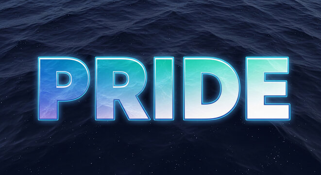 Bold text "PRIDE" with gradient colors and neon outline floats over dark, rippling water, symbolizing acceptance, self-affirmation, and equality.