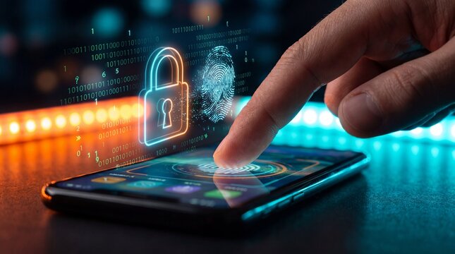 A finger touching a smartphone screen with a digital lock and fingerprint icon appearing above it with binary code in the background