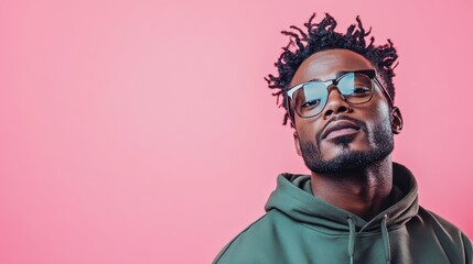 Obraz premium A confident young man wearing stylish glasses and a green hoodie against a pink background, showcasing modern fashion trends and self-assurance in a vibrant lifestyle.
