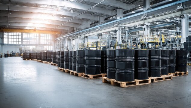 Large Warehouse Storage of Black Industrial Barrels on Pallets.