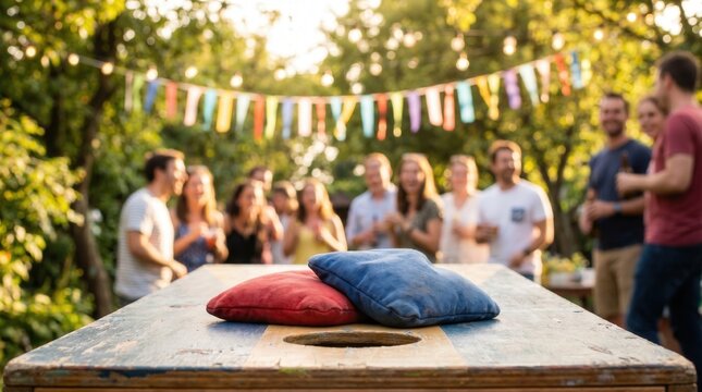 Red and blue bean bags on a wooden cornhole board at a backyard party. Friends socializing at a summer outdoor social gathering with bunting.