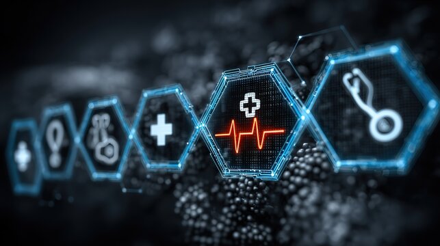 Futuristic Dark Tech Holographic Hexagonal Interface with Medical Cross, Stethoscope and Heartbeat Graph Icons for Digital Healthcare, Telemedicine and Medical Technology Visuals