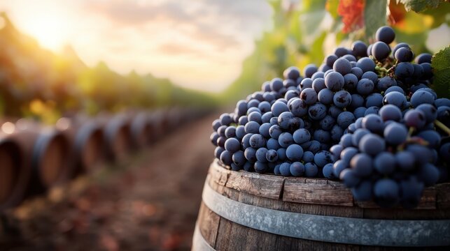 A close-up view of plump blue grapes gathered in an old oak barrel, set against a stunning vineyard backdrop during golden hour, symbolizing abundance and nature's bounty.
