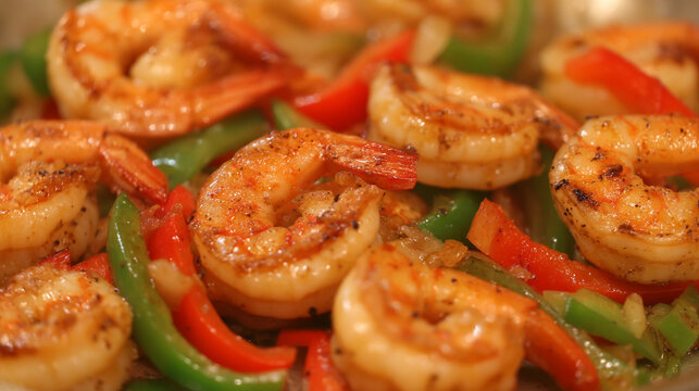 Close up of saut&eacute;ed shrimp with bell peppers bell pepper saut ed vegetable