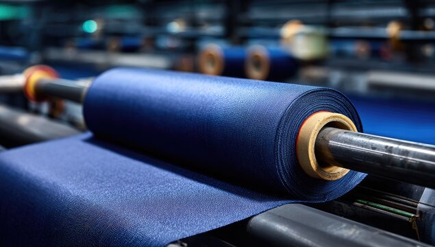 Close-up of a large roll of blue fabric on an industrial machine.