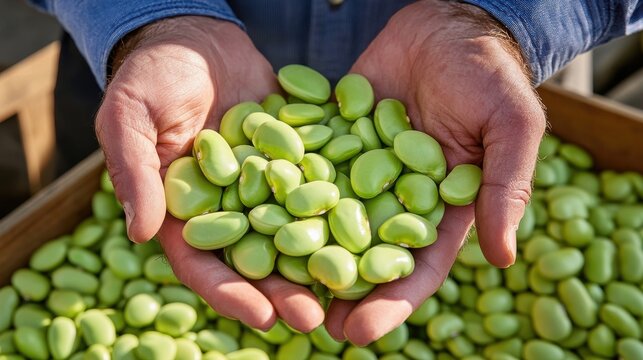Hands holding a large handful of fresh green lima beans