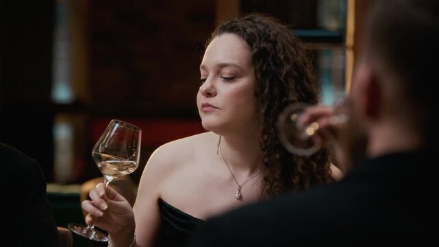 Handheld shot of middle-aged Caucasian man and young woman in formalwear tasting wine and enjoying dinner with friends during restaurant gathering