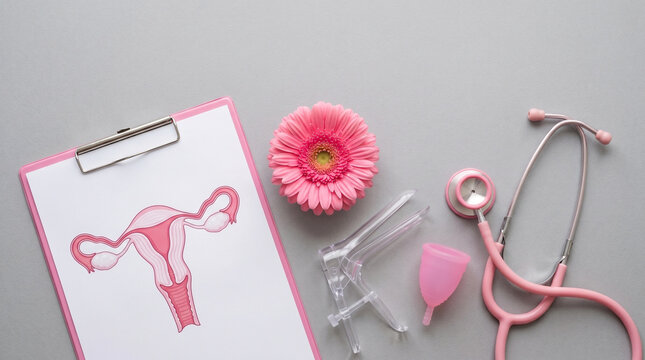 Flat lay of gynecological tools menstrual cup speculum stethoscope and uterus diagram on gray background