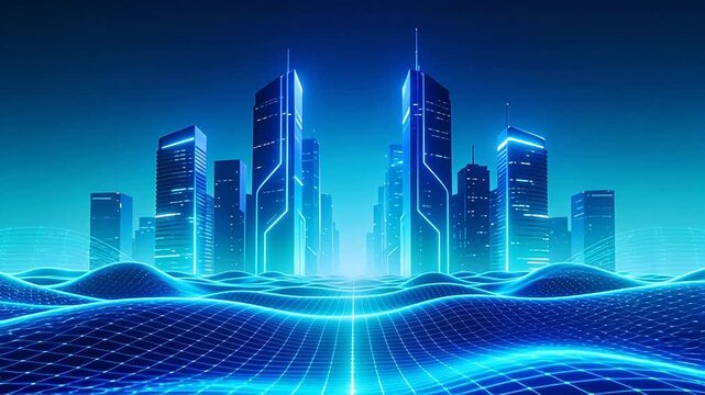 Futuristic cityscape with glowing skyscrapers