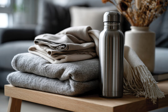 An inviting layout features cozy textiles accompanied by a sleek water bottle, highlighting the intersection of comfort and practicality in everyday living spaces.