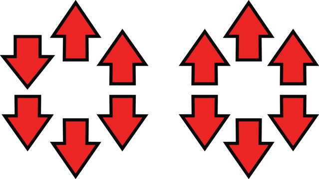 Red Arrow Icon Set with Up and Down Directions in Bold Flat Style Vector Illustration for Navigation, Indicators, UI Design, and Directional Symbols