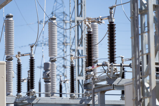 Large scale electric utility substation hardware and conductor connections essential for modern energy grid stability and regional power distribution networks