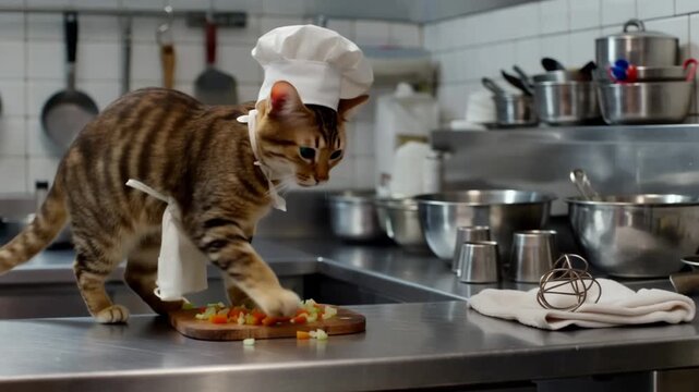 Cat Chef in Apron Batting Vegetables on Cutting Board in Pro Kitchen