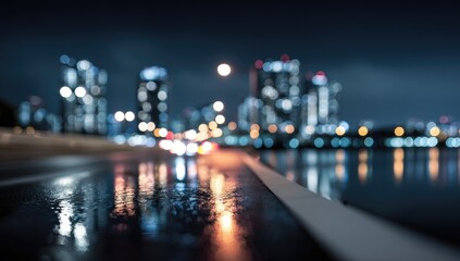 Fototapeta premium Rainy Night Cityscape with Wet Road Reflections.