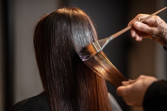 Close-up of a hairdresser applying hair dye to long brown hair.