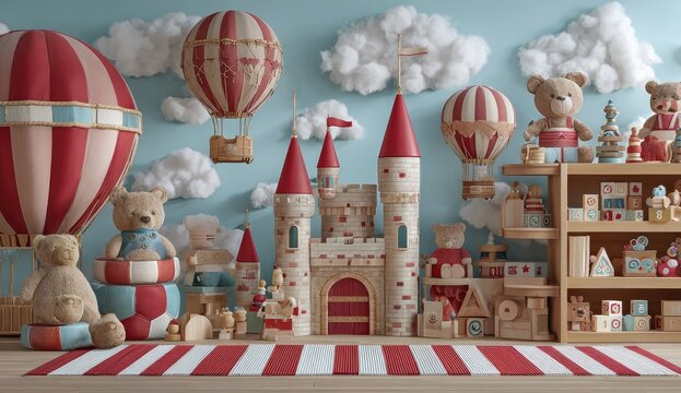 Whimsical Childhood Dreamscape - Castle, Hot Air Balloons, and Teddy Bears.