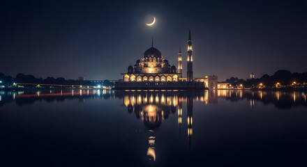Fototapeta premium Night View of Grand Mosque with Reflection and Moonlight
