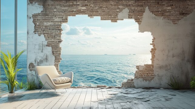 Surreal Peel Back: Stunning Brick Wall Transformation to Ocean View Living Room Interior
