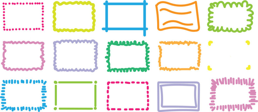 Colorful Hand Drawn Doodle Border Set, Pastel Scribble Rectangular Frames and Decorative Sketchy Elements Isolated on White Background Vector