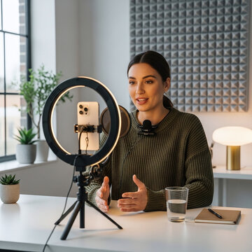 Young woman with microphone and ring light speaking to smartphone camera in home studio, creating content for online audience, vlogging and social media influencer.