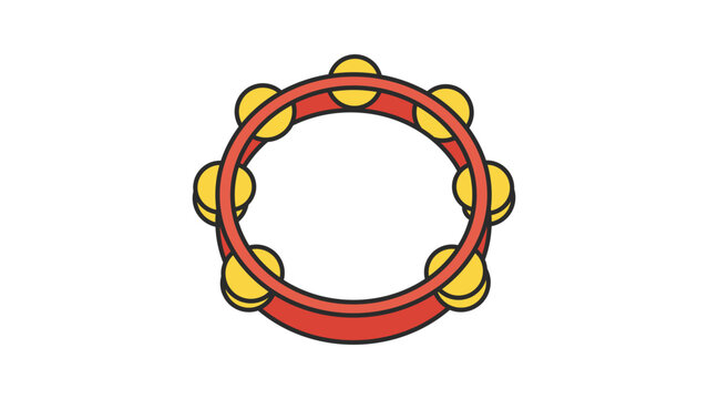 Modern Flat Vector Illustration of a Round Hand Tambourine with Yellow Jingles and Red Frame, Featuring Editable Stroke Outlines for Customizable Line Weight, Isolated on White Background.