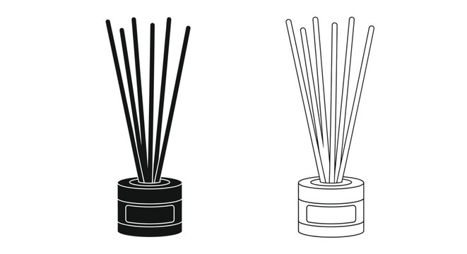 reed diffuser set in cylindrical container with sticks, bold black silhouette, minimal flat vector, isolated on white background