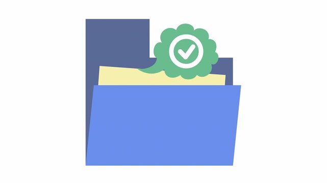 Approved checkmark on document folder with checklist icon flat design in a cartoon animation. File management concept with a validation symbol in the alpha channel.
