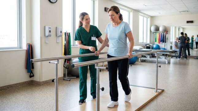 Female patient receives gait training and support from a dedicated physical therapist using parallel bars in a bright rehabilitation clinic, focusing on recovery and mobility.